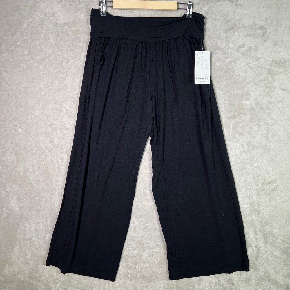 Athleta Studio Wide Leg Pants Womens Large Black Jersey Pull On Lounge Yoga Gym